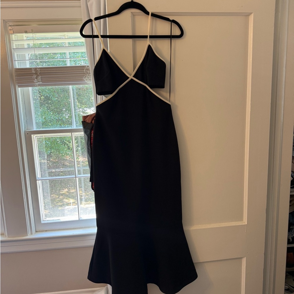 Likely Black Spaghetti-Strap Mermaid Dress with White Trim